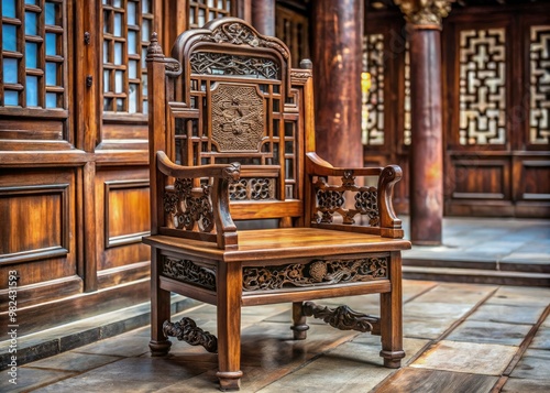 A masterpiece of traditional craftsmanship, the Antique Chinese wooden chair stands tall with ornate carvings and delicate latticework in a serene, vintage-inspired setting. photo