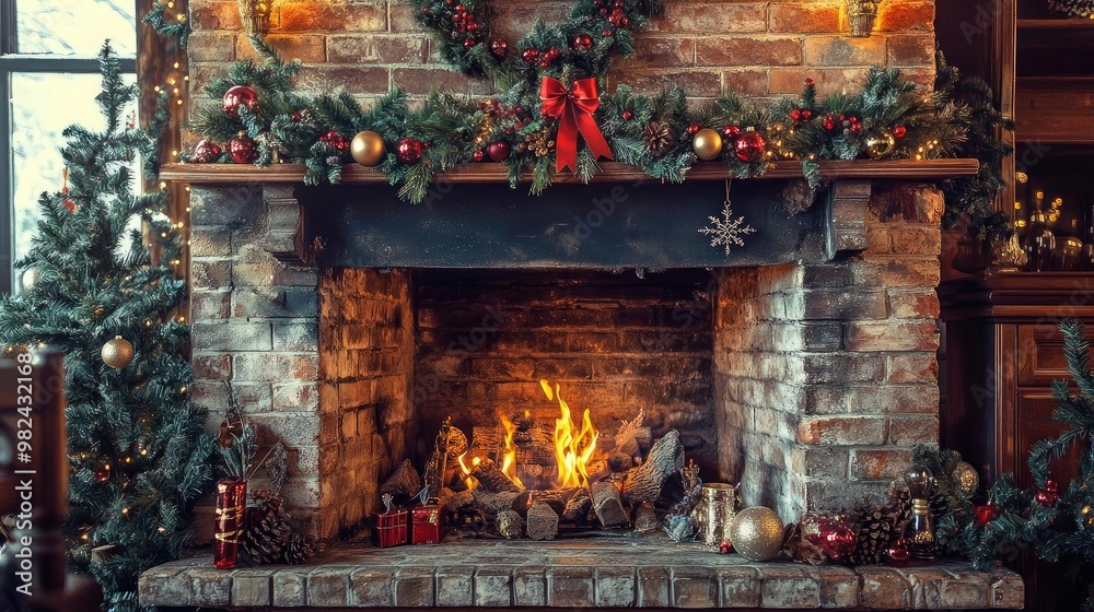 Cozy fireplace adorned with festive decorations, glowing fire, and holiday ambiance creating a warm winter atmosphere. Cozy fireplace adorned with festive decorations, glowing fire, and holiday ambiance creating a warm winter atmosphere.