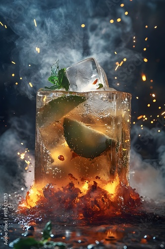 product photography of an ice tea, block of ice, in lava, steam coming off, dramatic lights, sparks of fire and miniature explosions, luxury, in style of maximalism photo