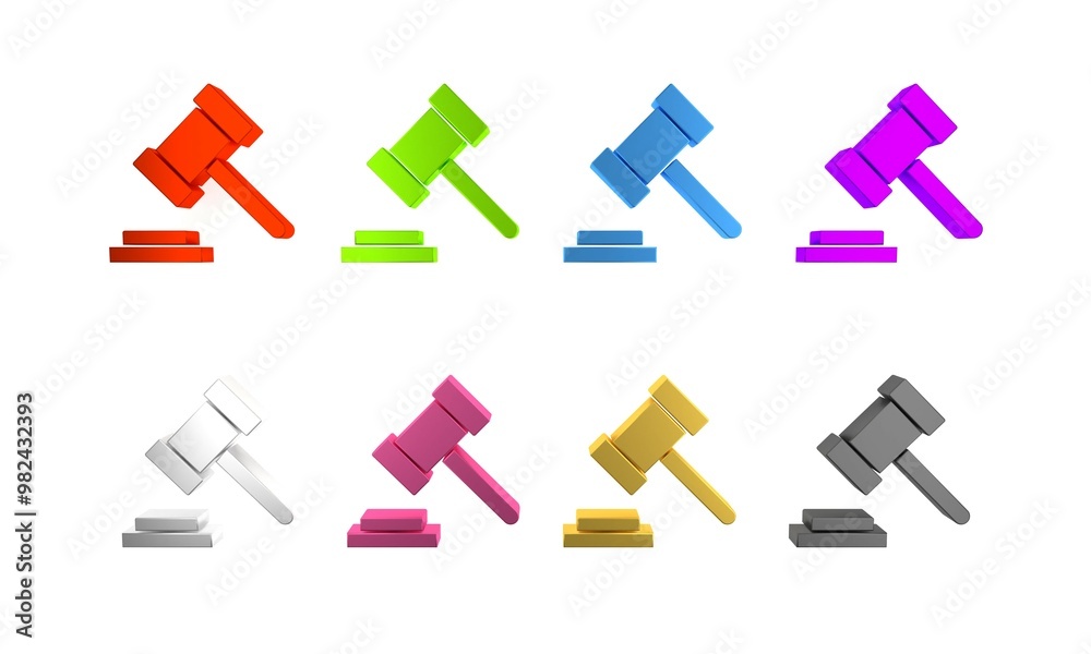 Colorful Judge gavel icon isolated on white background. Gavel for adjudication of sentences and bills, court, justice. Auction hammer. Minimalism concept. 3D render illustration Colorful Judge gavel icon isolated on white background. Gavel for adjudication of sentences and bills, court, justice. Auction hammer. Minimalism concept. 3D render illustration
