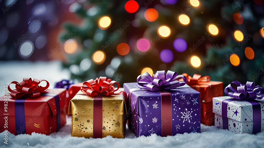 A purple gift wrapped in white snow with a red ribbon. A purple gift wrapped in white snow with a red ribbon.