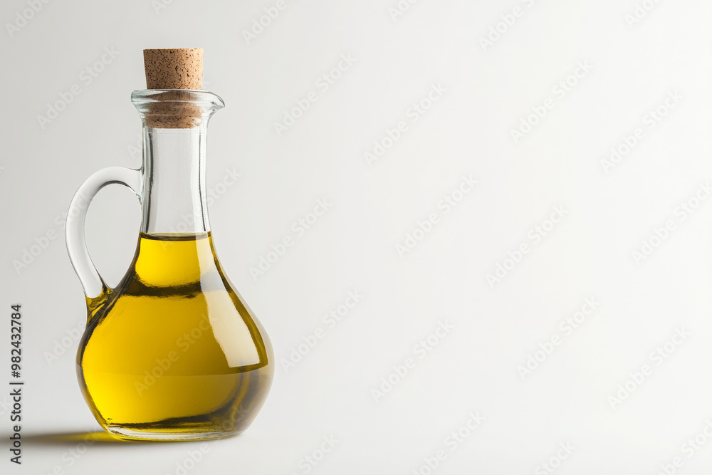 Olive oil in a glass bottle with a composition dominated by a white background, close-up shot. Olive oil in a glass bottle with a composition dominated by a white background, close-up shot.