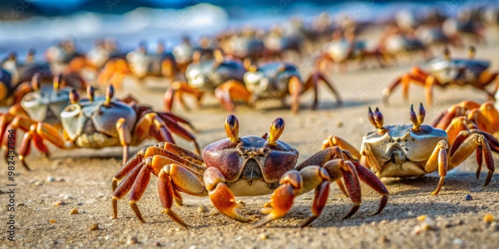 Fototapeta premium A kaleidoscope of crabs in various sizes and colors crawls slowly across the sandy surface, their tiny legs