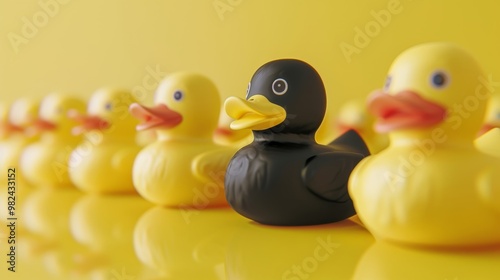 A unique black rubber duck stands out among cheerful yellow ducks in a playful display of color and fun. photo