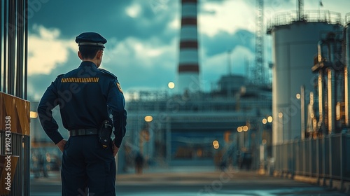 Security guard standing outdoors at an industrial facility with a focus on safety