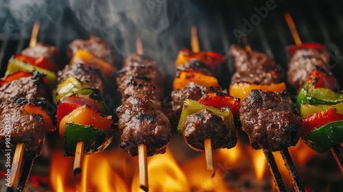 Beef shish kebabs grilling over an open flame, with vibrant vegetables and smoke rising.