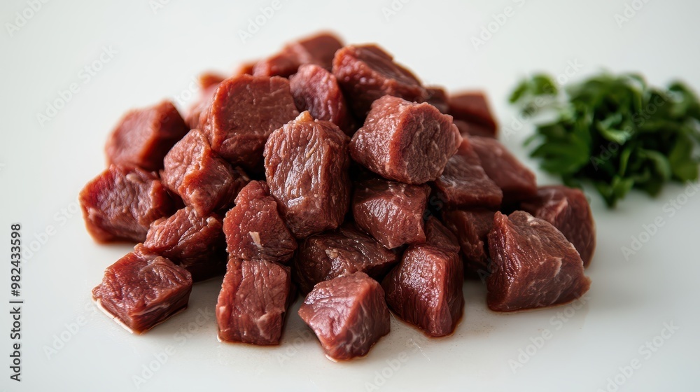 Beef stew meat chunks, raw and piled on a clean white surface. Beef stew meat chunks, raw and piled on a clean white surface.