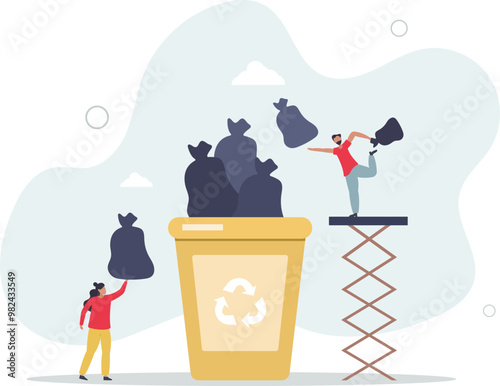 People characters collecting trash into recycling garbage bin..Woman and man taking out the garbage.flat design with people.