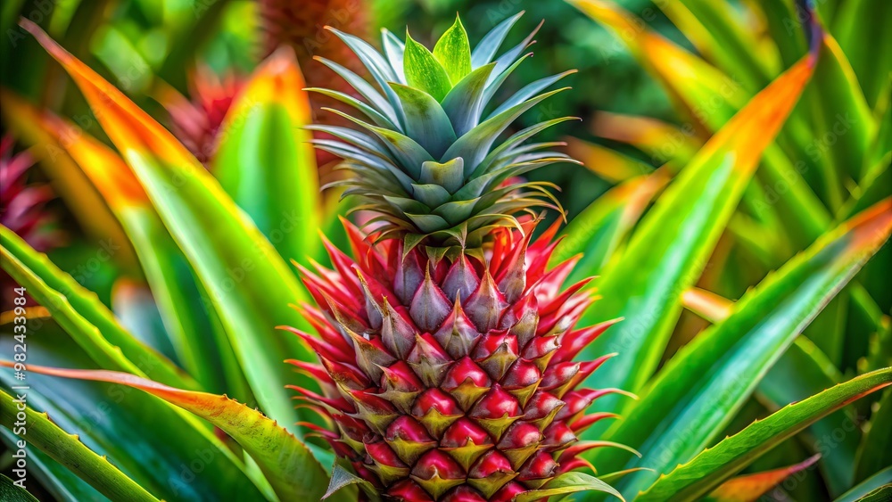 Fototapeta premium A lush green Bush Pineapple plant flourishes in its vibrant tropical surroundings, showcasing verdant leaves and