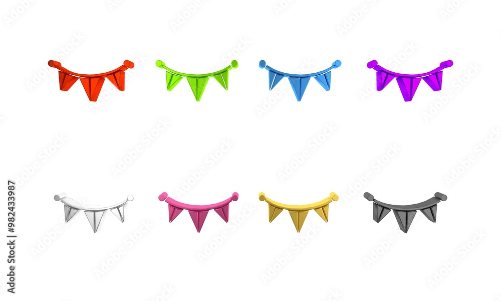 Colorful Carnival garland with flags icon isolated on white background. Party pennants for birthday celebration, festival and fair decoration. Minimalism concept. 3D render illustration Colorful Carnival garland with flags icon isolated on white background. Party pennants for birthday celebration, festival and fair decoration. Minimalism concept. 3D render illustration
