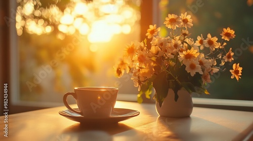 Coffee and fresh flowers on a breakfast table, with a soft golden sunrise shining through an open window.