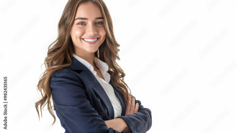 A smiling businesswoman, arms crossed, stylish attire in navy blue and white․ A smiling businesswoman, arms crossed, stylish attire in navy blue and white․
