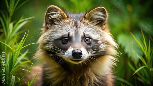 A raccoon dog's curious eyes sparkle with intelligence as it tilts its head, its bushy tail wagging with excitement in the sunlight.