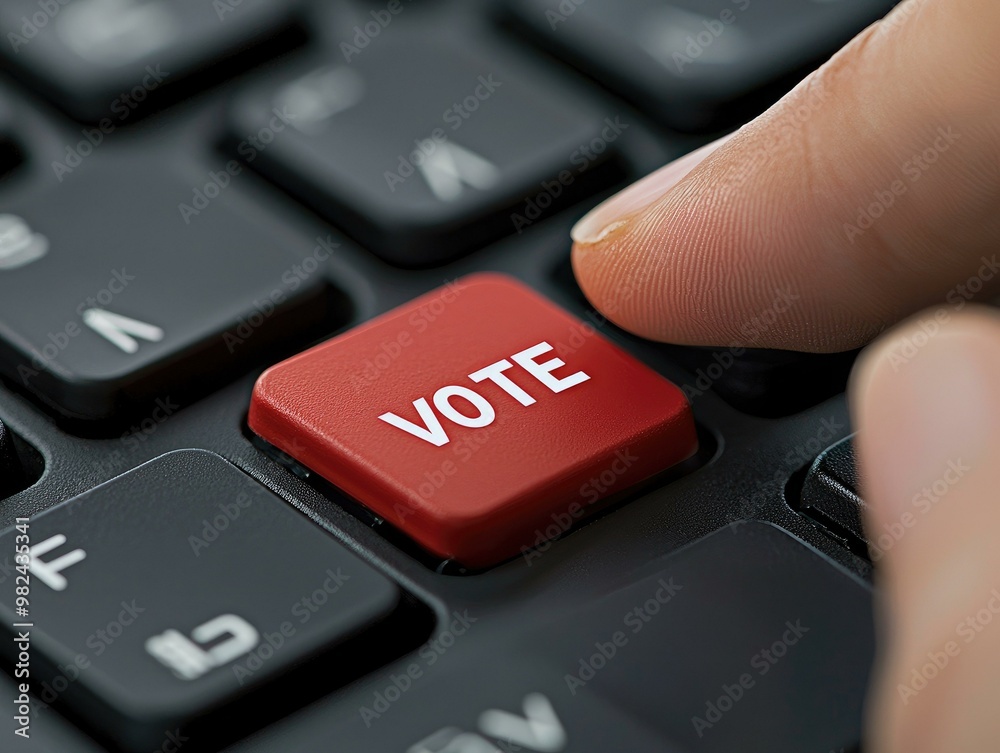 A striking 3D rendering of a keyboard featuring a bold red VOTE button among standard black keys, emphasizing the urgency of voting, with a finger poised to press it. A striking 3D rendering of a keyboard featuring a bold red VOTE button among standard black keys, emphasizing the urgency of voting, with a finger poised to press it.