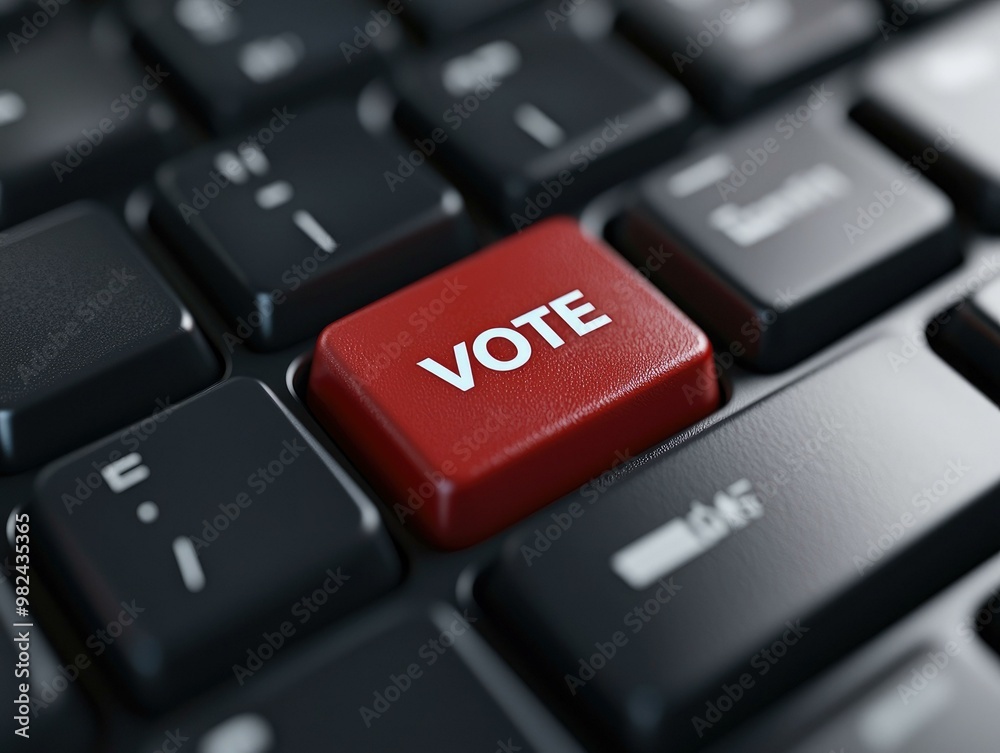 A striking 3D rendering of a keyboard featuring a bold red VOTE button amidst traditional black keys, representing urgency and the importance of participation in the electoral process. A striking 3D rendering of a keyboard featuring a bold red VOTE button amidst traditional black keys, representing urgency and the importance of participation in the electoral process.