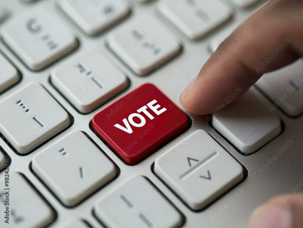 A striking 3D rendering of a keyboard featuring a bold red VOTE button surrounded by white keys, highlighting the significance and urgency of voting, with a finger poised to press it. A striking 3D rendering of a keyboard featuring a bold red VOTE button surrounded by white keys, highlighting the significance and urgency of voting, with a finger poised to press it.