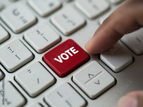 A striking 3D rendering of a keyboard featuring a bold red VOTE button surrounded by white keys, highlighting the significance and urgency of voting, with a finger poised to press it.