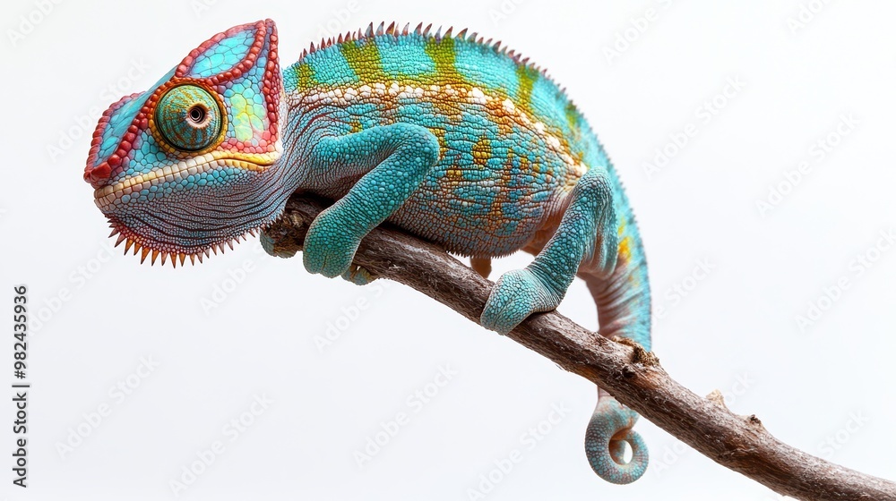 Fototapeta premium Bold and vibrant chameleon clinging to a branch, its colors changing slightly, on a white background