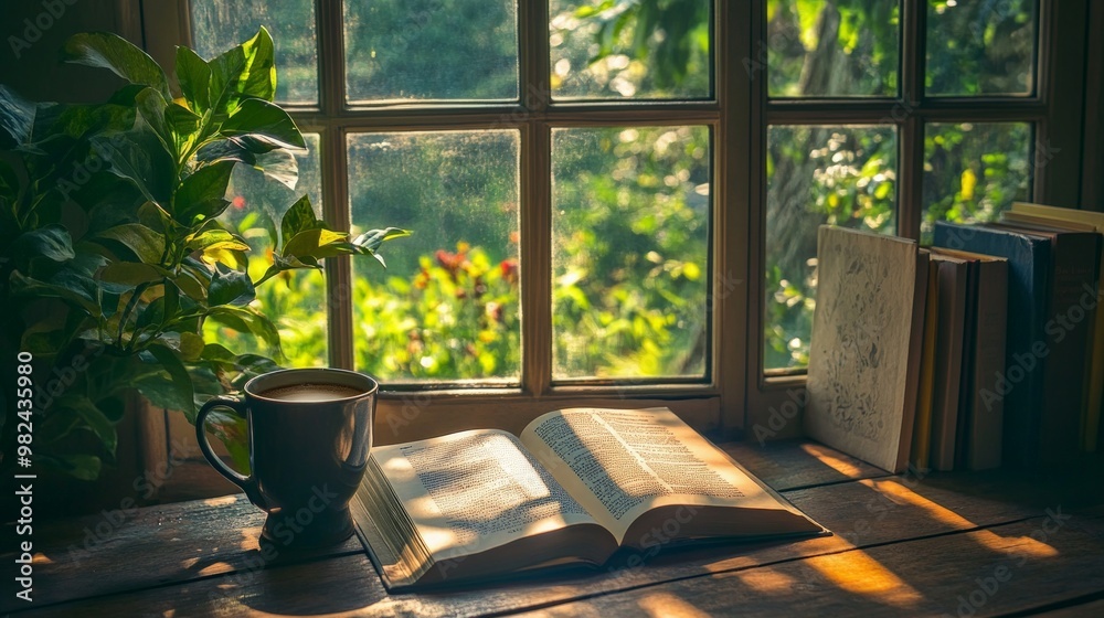 Mug of coffee placed next to an open book, soft early morning light pouring through a window with a garden view. Mug of coffee placed next to an open book, soft early morning light pouring through a window with a garden view.