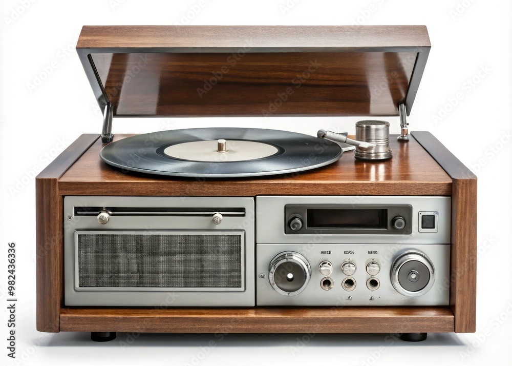 Fototapeta premium A retro-style audio device features a compact disc tray, tactile buttons, and a crisp digital display, blending vintage appeal with modern functionality.