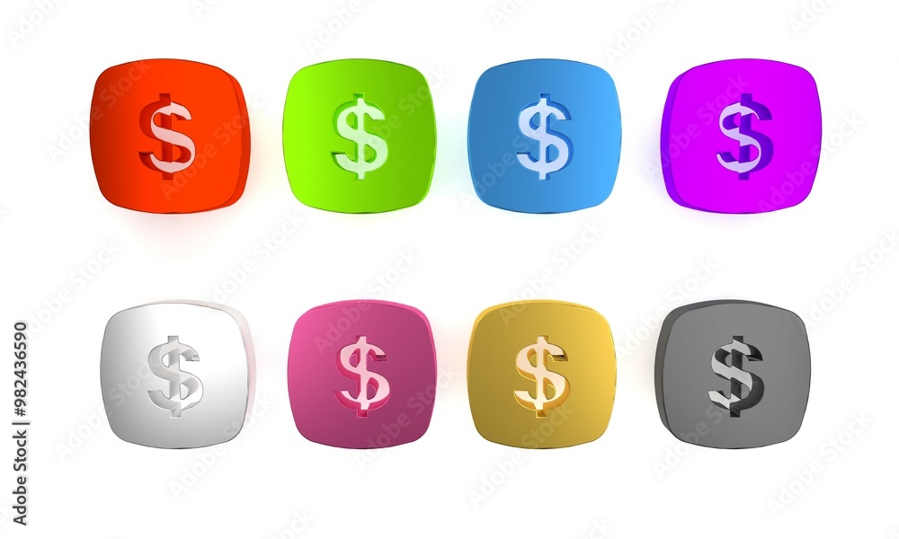 Colorful Dollar symbol icon isolated on white background. Cash and money, wealth, payment symbol. Casino gambling. Minimalism concept. 3D render illustration Colorful Dollar symbol icon isolated on white background. Cash and money, wealth, payment symbol. Casino gambling. Minimalism concept. 3D render illustration