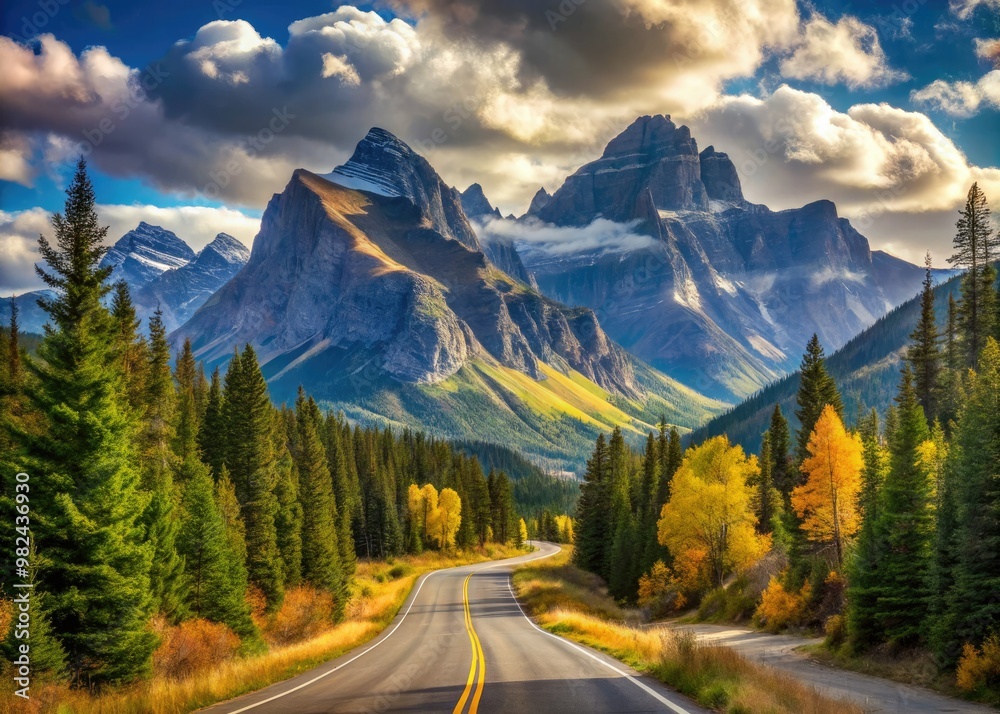 A rugged mountain road snakes through a serene, tree-dappled landscape, with towering mountain peaks rising majestically in the distance, their rugged silhouettes etched against the sky. A rugged mountain road snakes through a serene, tree-dappled landscape, with towering mountain peaks rising majestically in the distance, their rugged silhouettes etched against the sky.