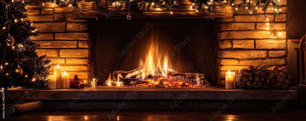 A cozy fireplace adorned with glowing lights and a festive ambiance, perfect for holiday gatherings and winter relaxation. A cozy fireplace adorned with glowing lights and a festive ambiance, perfect for holiday gatherings and winter relaxation.