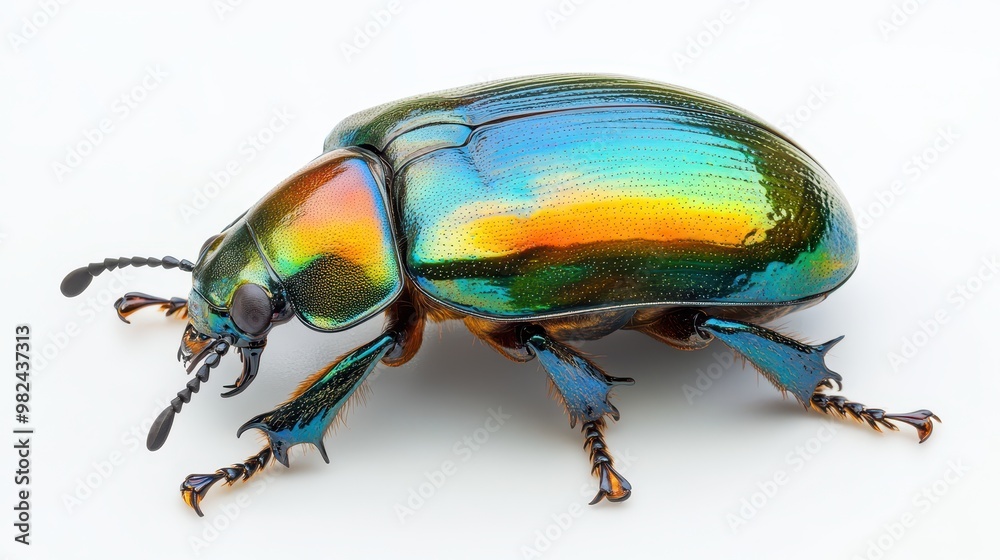Close-up image of a scarab beetle with shiny, metallic body and detailed legs, isolated on a pure white background Close-up image of a scarab beetle with shiny, metallic body and detailed legs, isolated on a pure white background