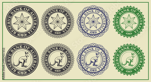 Vector graphic set of financial fictional seals. Collection of round icons with kangaroo and reserve bank of Australia inscription. Emblems or badges.