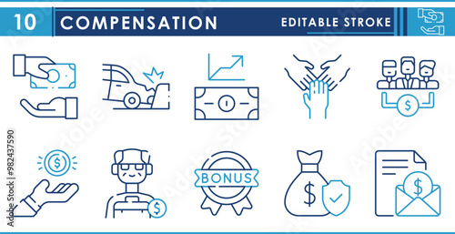 A set of line icons related to Compensation. Bonus, money, fund, pension, salary, accidental, donate, and so on. Vector editable stroke.