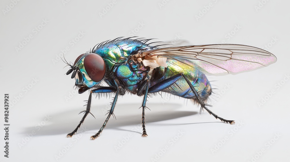 Close-up of a housefly with detailed wing structure and iridescent body, standing still on a white surface Close-up of a housefly with detailed wing structure and iridescent body, standing still on a white surface