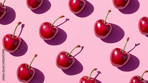 Red cherries pink background pattern summer fresh fruit minimal aesthetic design vibrant modern pop art food wallpaper repetition shadows rockabilly backdrop cute wallpaper edgy creative vibe 