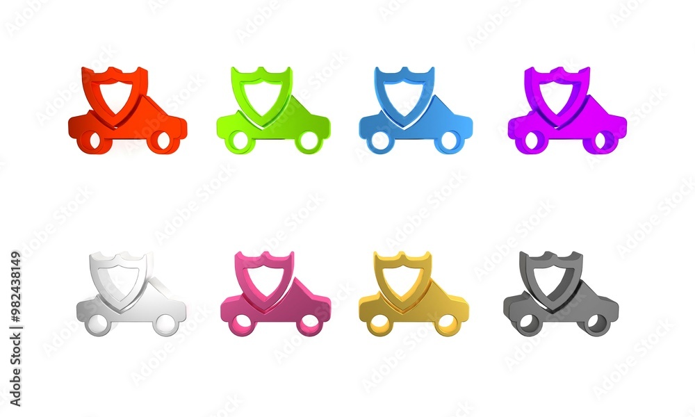 Colorful Car with shield icon isolated on white background. Insurance concept. Security, safety, protection, protect concept. Minimalism concept. 3D render illustration Colorful Car with shield icon isolated on white background. Insurance concept. Security, safety, protection, protect concept. Minimalism concept. 3D render illustration