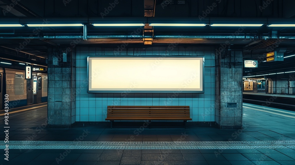 Empty subway station platform with bright lights and a modern industrial design Empty subway station platform with bright lights and a modern industrial design