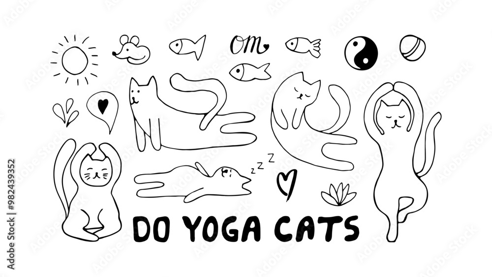 Hand drawn domestic cats sitting in yoga poses. Doodle illustration set about relaxing exercise Hand drawn domestic cats sitting in yoga poses. Doodle illustration set about relaxing exercise