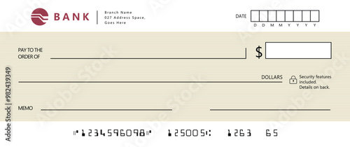 Bank check, vector blank money cheque, checkbook template with guilloche pattern and fields. Currency payment coupon, money check background
