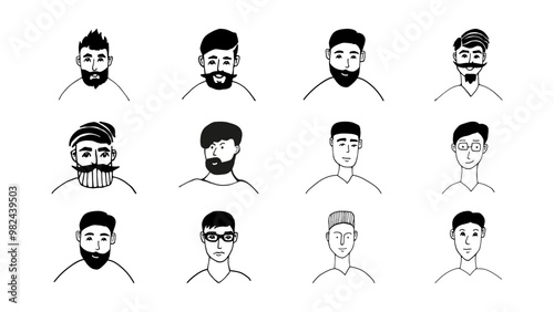 Hand drawn doodle portrait men set. For barber shop logo with different haircuts