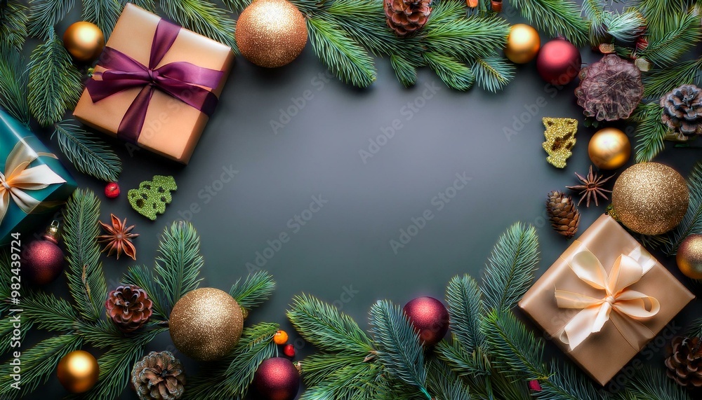 christmas frame with christmas tree and decorations