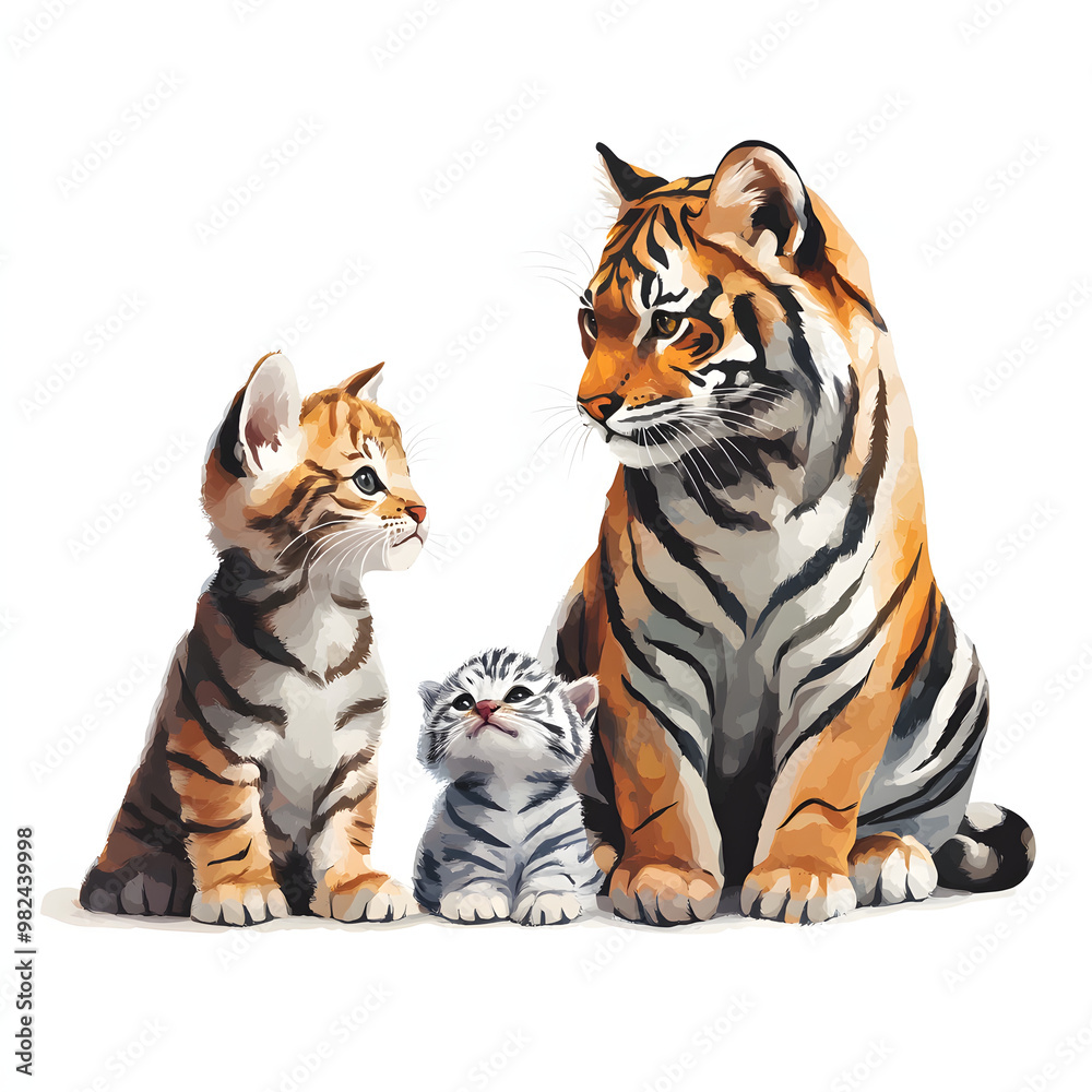 Fototapeta premium 成長するトラのアニメキャラクター - かわいいイラストで描かれたトラの成長過程