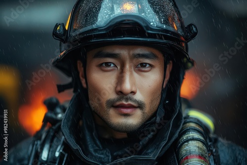 heroic asian firefighter portrait with determined expression dynamic lighting illuminates protective gear while smoky background hints at danger and bravery