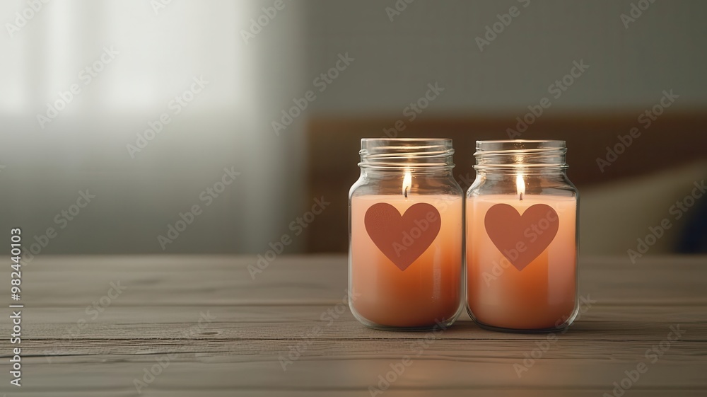 Floating heartshaped lanterns inside a clear jar, with warm candlelight reflecting off the glass and a cozy background