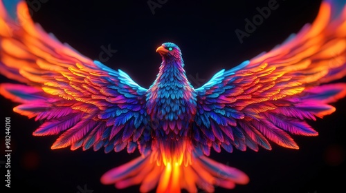 Vibrant Phoenix Rising, a mythical creature with glowing feathers emerging from colorful digital flames, showcasing holographic and psychedelic elements in stunning detail. photo