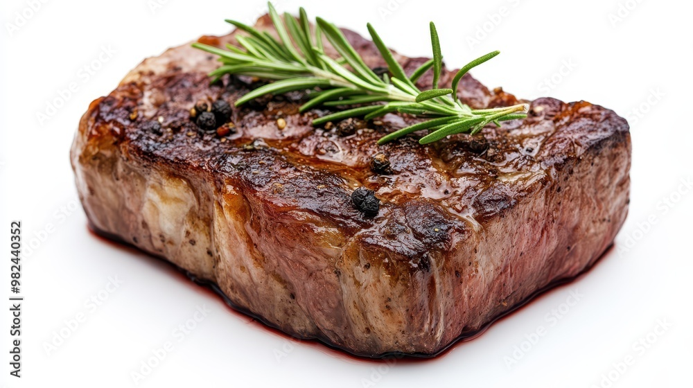 Cooked beef steak with rosemary garnish, perfectly done, resting on a white background. Cooked beef steak with rosemary garnish, perfectly done, resting on a white background.