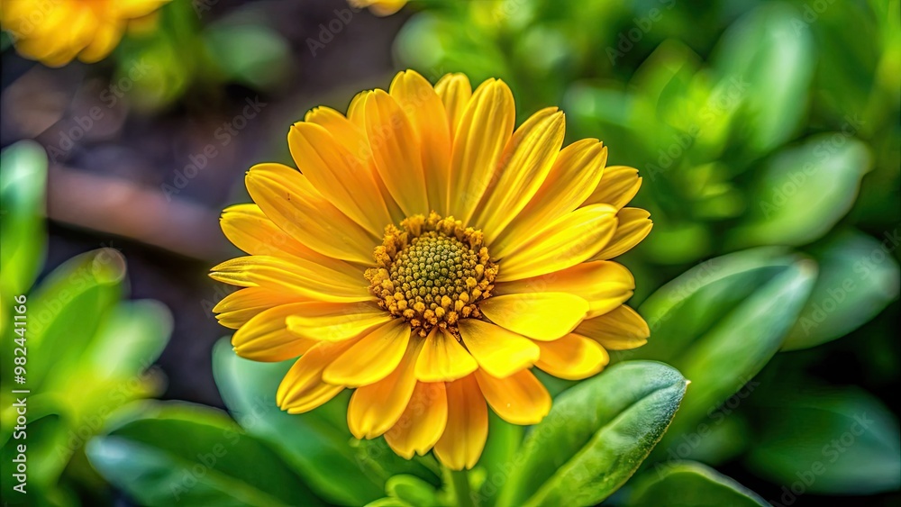 A small, radiant flower with bright yellow petals stands tall in the garden, its delicate center a whirlpool of beauty amidst lush green foliage. A small, radiant flower with bright yellow petals stands tall in the garden, its delicate center a whirlpool of beauty amidst lush green foliage.
