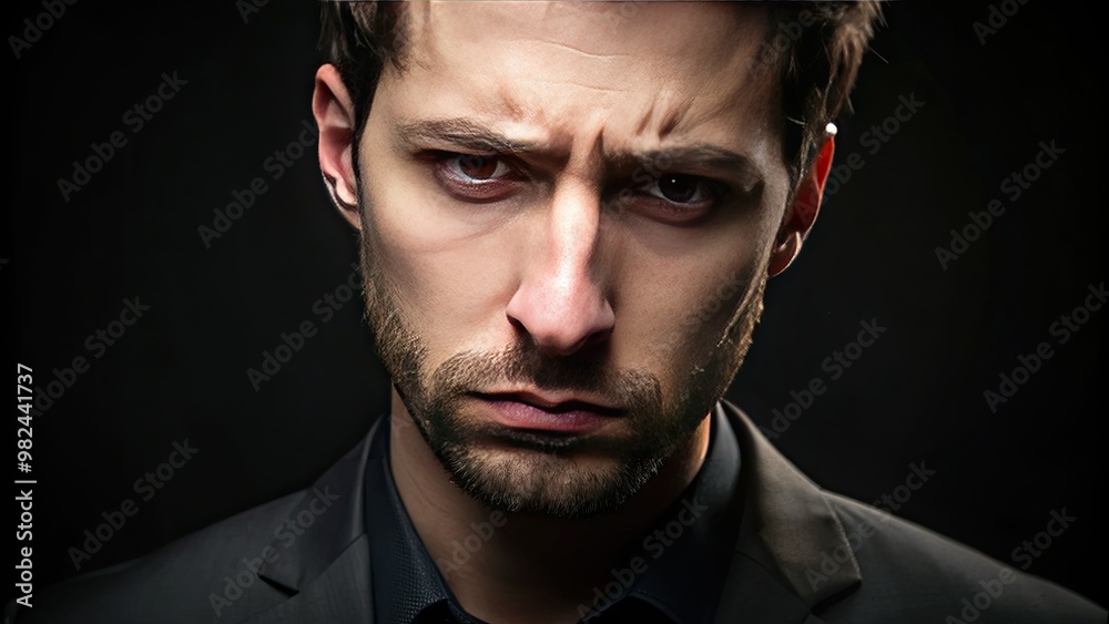 A somber figure emerges from the darkness, his pursed lips and downcast eyes conveying a sense of deep contemplation and introspection. A somber figure emerges from the darkness, his pursed lips and downcast eyes conveying a sense of deep contemplation and introspection.