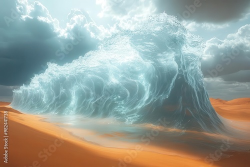 holographic ocean simulation above desert landscape a giant wave and boat materialize over sand dunes creating a surreal environmental juxtaposition photo