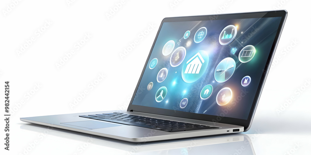 3D Holographic Laptop with Floating Payment Icons on Glossy White Surface � Ideal Modern Tech Concept for Business Solutions 3D Holographic Laptop with Floating Payment Icons on Glossy White Surface � Ideal Modern Tech Concept for Business Solutions