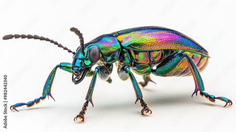 Naklejka premium Detailed view of a jewel beetle with iridescent exoskeleton, sharp focus on body and legs, white backdrop