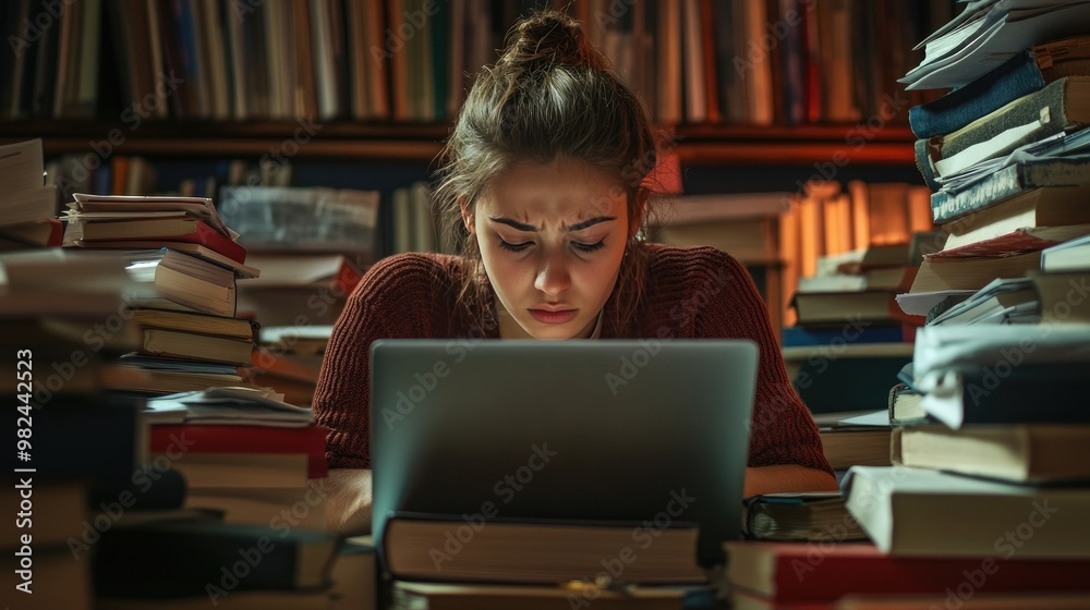 A tired student, surrounded by piles of books and papers, stares blankly at a laptop, visually portraying the weight of stress. A tired student, surrounded by piles of books and papers, stares blankly at a laptop, visually portraying the weight of stress.