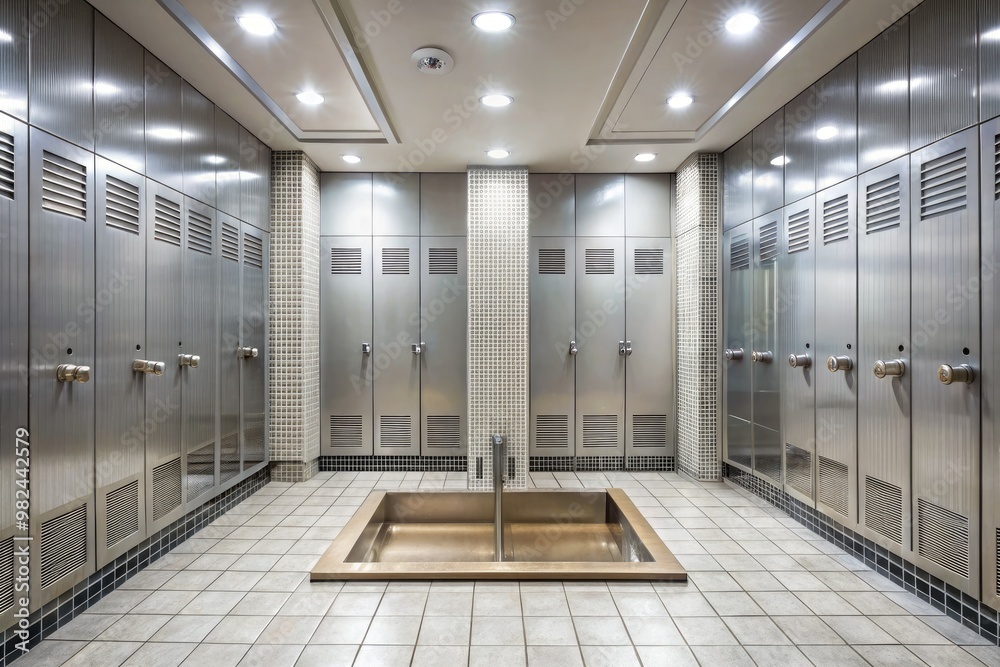 A sterile-looking tiled shower room abounds with multiple showerheads, their metallic tips glinting in the fluorescent light, surrounded by gleaming white floor drains. A sterile-looking tiled shower room abounds with multiple showerheads, their metallic tips glinting in the fluorescent light, surrounded by gleaming white floor drains.